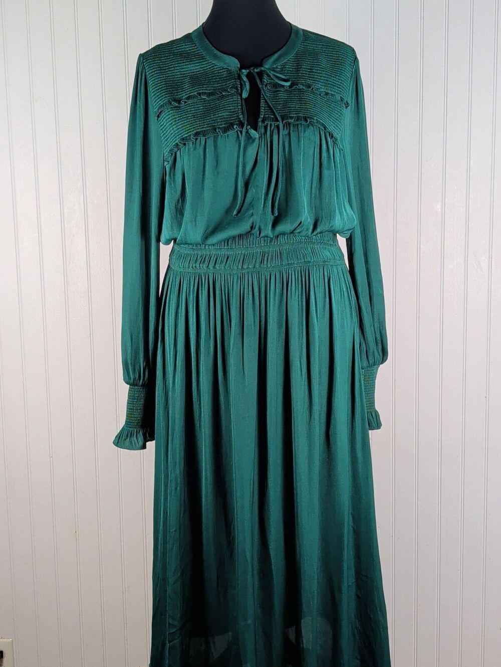 Anthropologie Current Air Green Satin Smocked Midi Dress Boho Long Sleeve Large